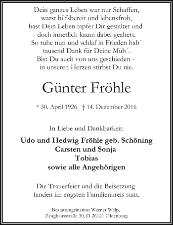 Traueranzeige von Günter Fröhle von Nordwest-Zeitung