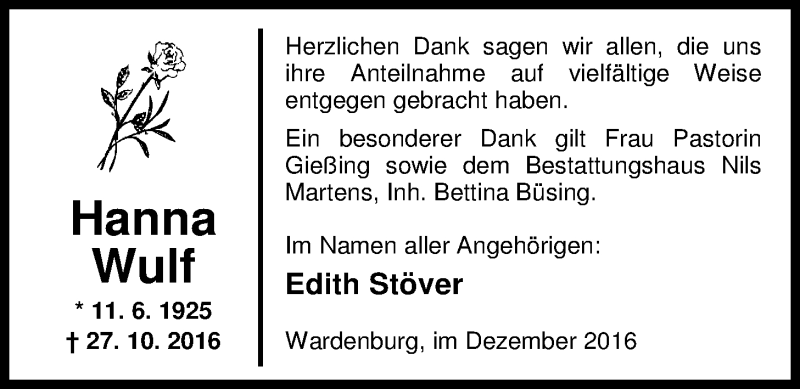  Traueranzeige für Hanna Wulf vom 03.12.2016 aus Nordwest-Zeitung