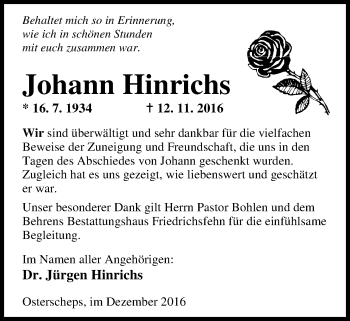 Traueranzeige von Johann Hinrichs von Nordwest-Zeitung