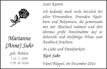 Traueranzeige von Marianne Suhr von Nordwest-Zeitung