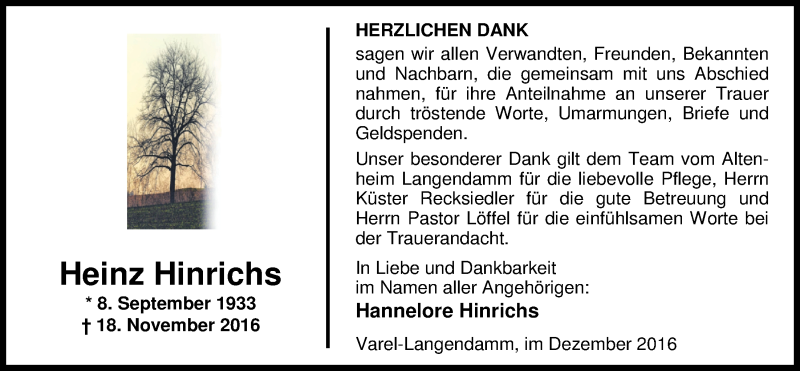  Traueranzeige für Heinz Hinrichs vom 17.12.2016 aus Nordwest-Zeitung