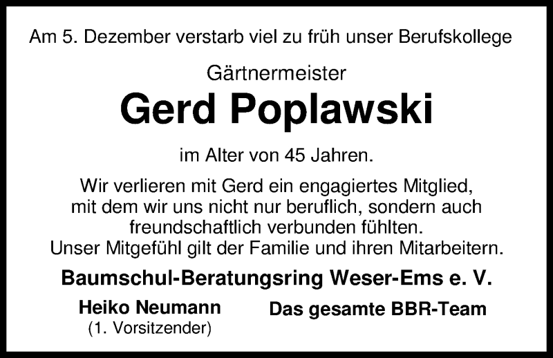  Traueranzeige für Gerd Poplawski vom 08.12.2016 aus Nordwest-Zeitung