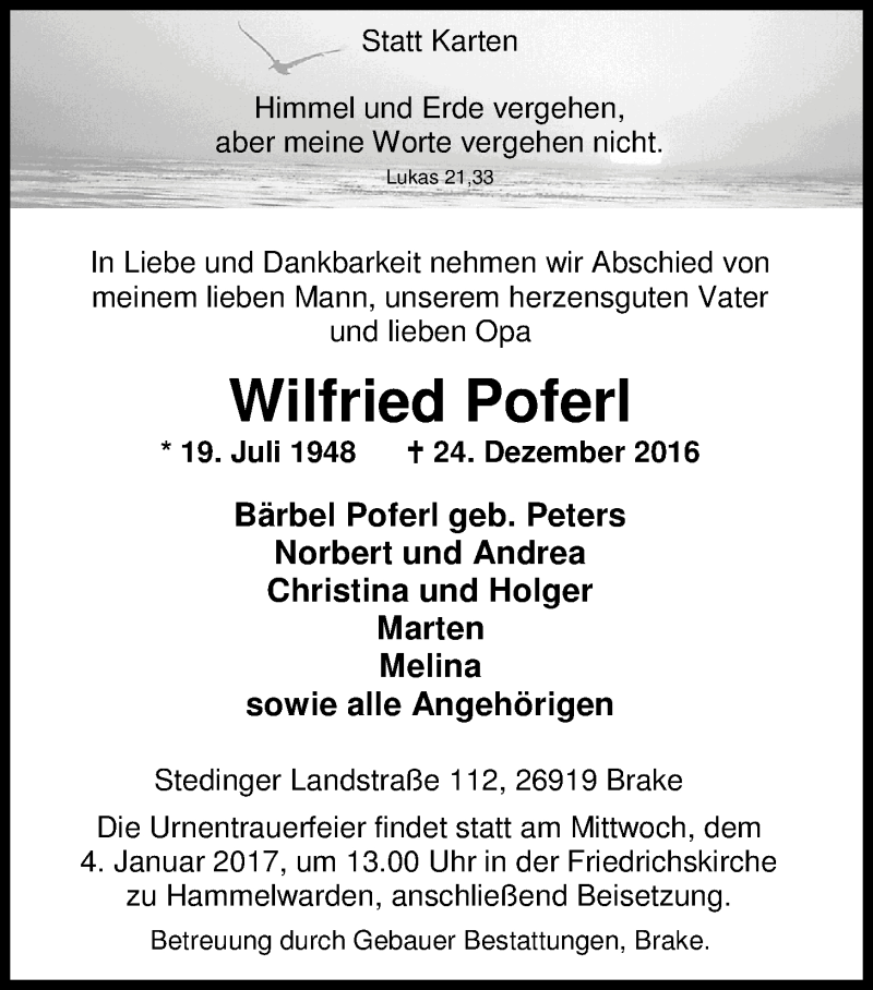  Traueranzeige für Wilfried Poferl vom 29.12.2016 aus Nordwest-Zeitung