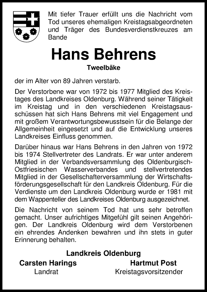  Traueranzeige für Hans Behrens vom 06.12.2016 aus Nordwest-Zeitung