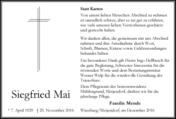 Traueranzeige von Siegfried Mai von Nordwest-Zeitung