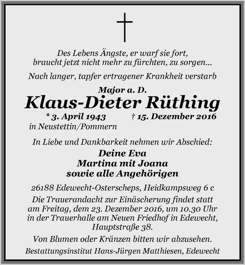  Traueranzeige für Klaus-Dieter Rüthing vom 17.12.2016 aus Nordwest-Zeitung