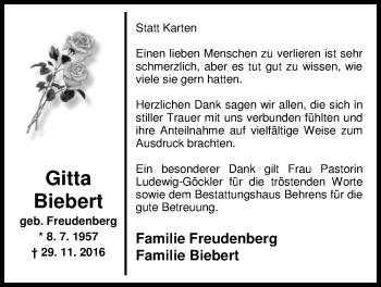 Traueranzeige von Gitta Biebert von Nordwest-Zeitung