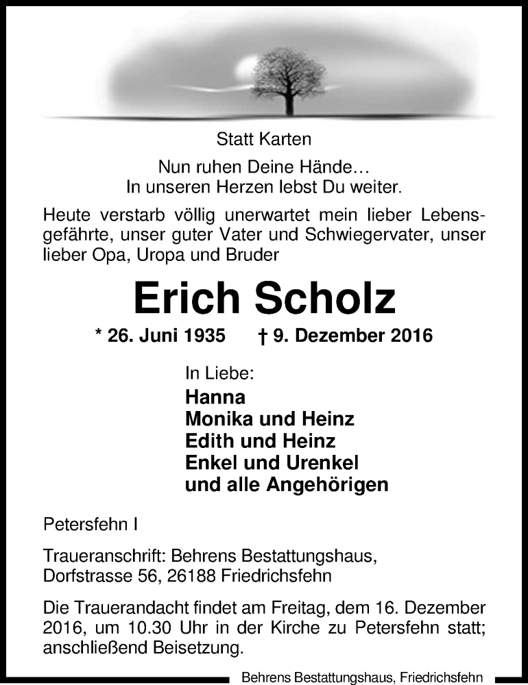  Traueranzeige für Erich Scholz vom 13.12.2016 aus Nordwest-Zeitung