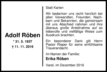 Traueranzeige von Adolf Röben von Nordwest-Zeitung