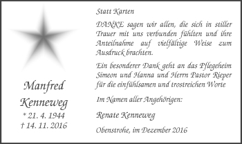 Traueranzeige von Manfred Kenneweg von Nordwest-Zeitung