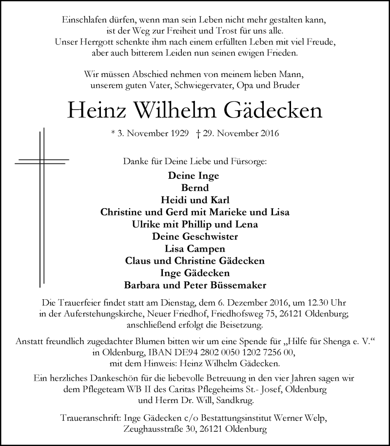  Traueranzeige für Heinz Wilhelm Gädecken vom 02.12.2016 aus Nordwest-Zeitung
