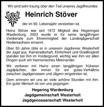 Traueranzeige von Heinrich Stöver von Nordwest-Zeitung