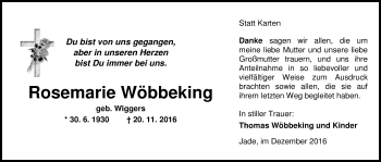 Traueranzeige von Rosemarie Wöbbeking von Nordwest-Zeitung