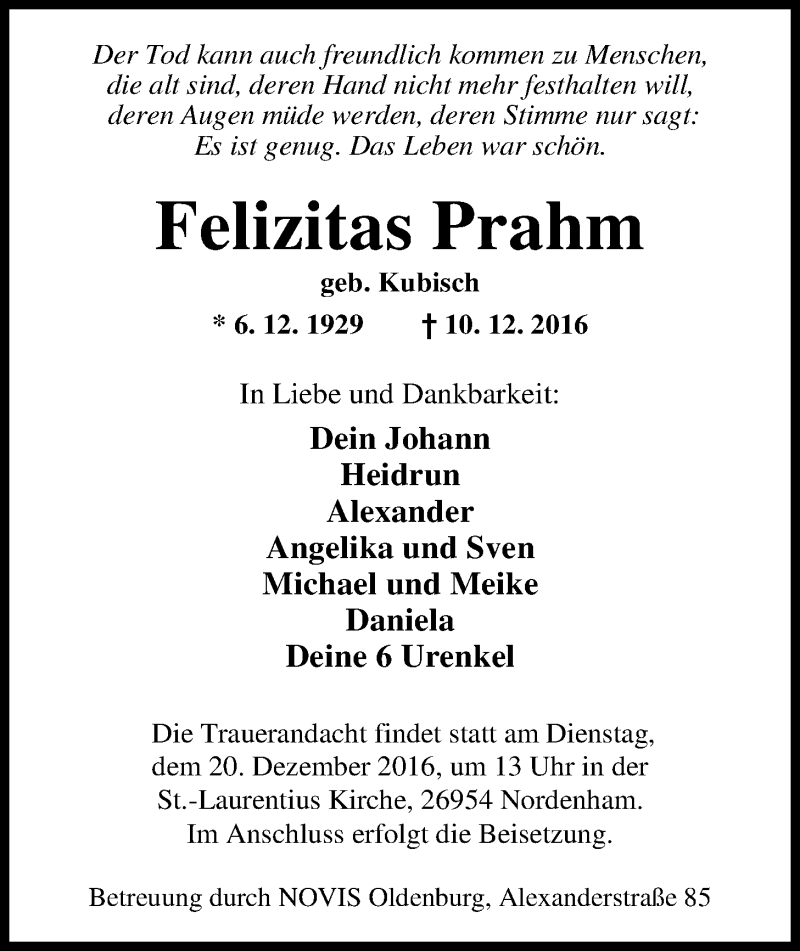  Traueranzeige für Felizitas Prahm vom 16.12.2016 aus Nordwest-Zeitung