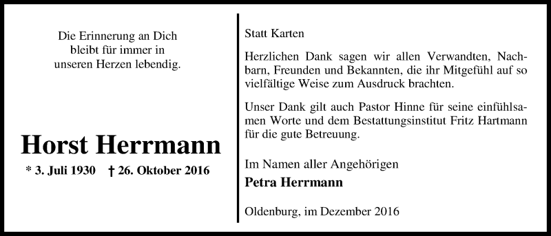  Traueranzeige für Horst Herrmann vom 03.12.2016 aus Nordwest-Zeitung