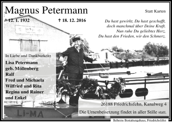 Traueranzeige von Magnus Petermann von Nordwest-Zeitung