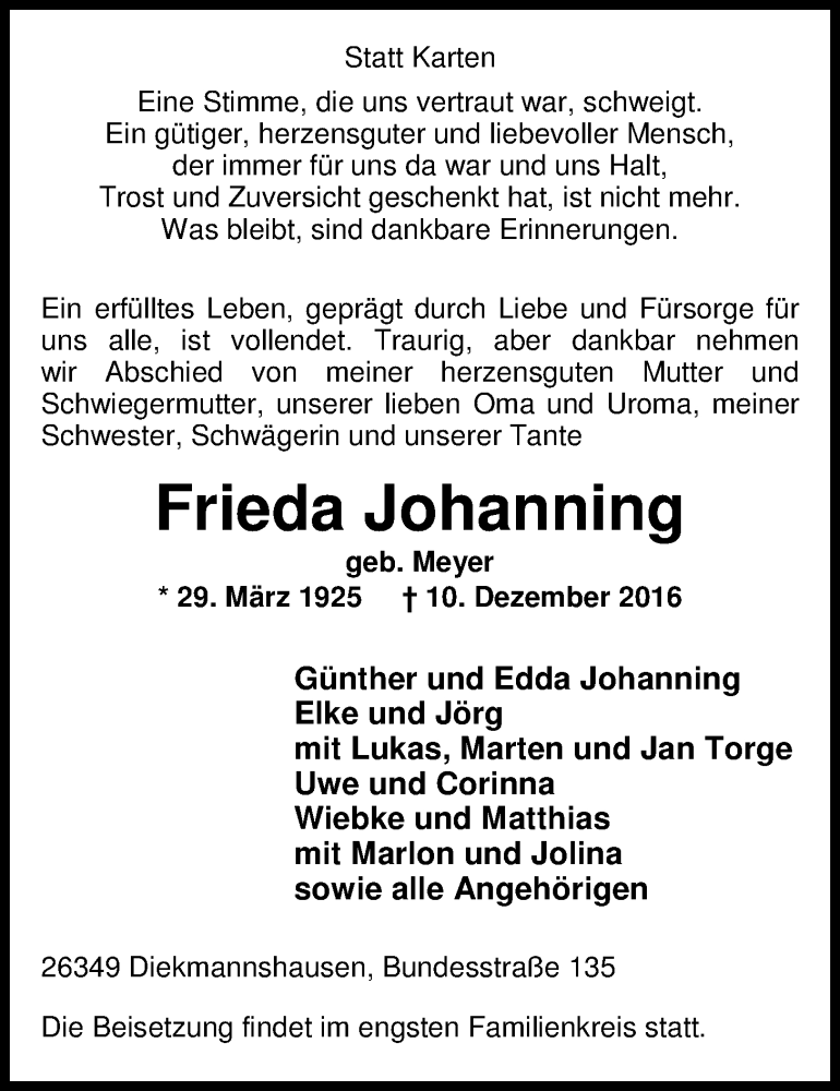  Traueranzeige für Frieda Johanning vom 12.12.2016 aus Nordwest-Zeitung