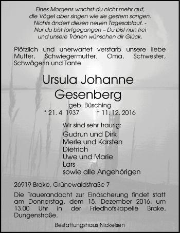 Traueranzeige von Ursula Johanne Gesenberg von Nordwest-Zeitung