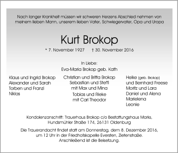 Traueranzeige von Kurt Brokop von Nordwest-Zeitung