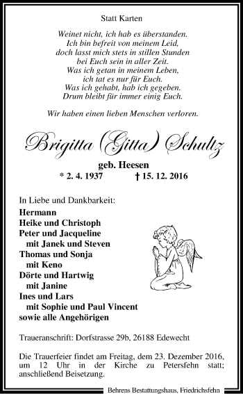 Traueranzeige von Birgitta Schultz von Nordwest-Zeitung