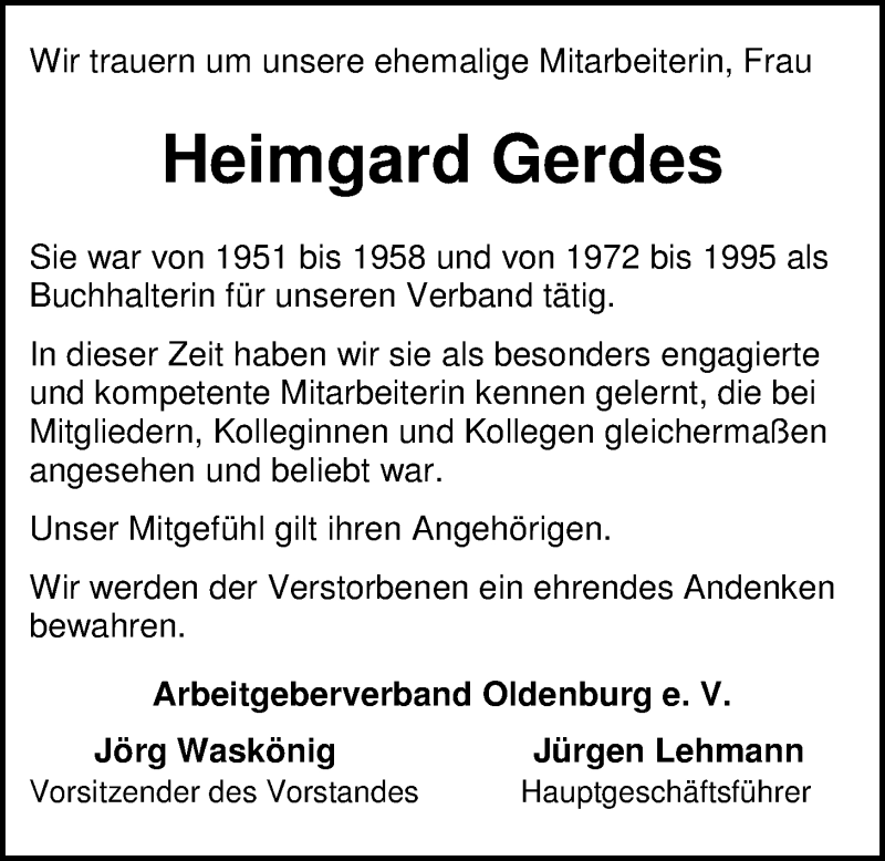  Traueranzeige für Heimgard Gerdes vom 06.12.2016 aus Nordwest-Zeitung