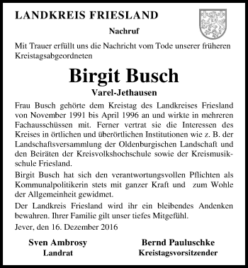 Traueranzeige von Birgit Busch von Nordwest-Zeitung