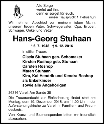 Traueranzeige von Hans-Georg Stuhaan von Nordwest-Zeitung