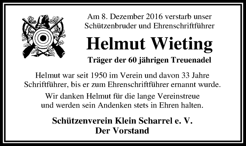  Traueranzeige für Helmut Wieting vom 13.12.2016 aus Nordwest-Zeitung