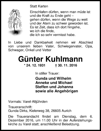 Traueranzeige von Günter Kuhlmann von Nordwest-Zeitung
