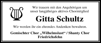 Traueranzeige von Birgitta Schultz von Nordwest-Zeitung