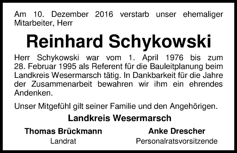  Traueranzeige für Reinhard Schykowski vom 17.12.2016 aus Nordwest-Zeitung