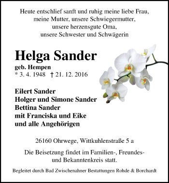 Traueranzeige von Helga Sander von Nordwest-Zeitung