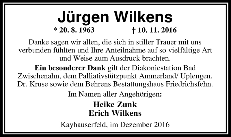  Traueranzeige für Jürgen Wilkens vom 16.12.2016 aus Nordwest-Zeitung