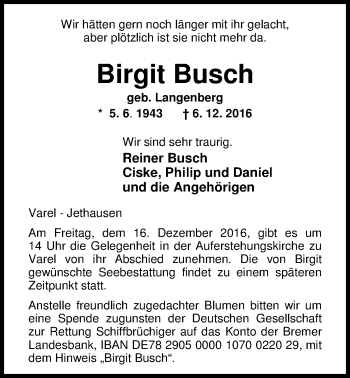 Traueranzeige von Birgit Busch von Nordwest-Zeitung