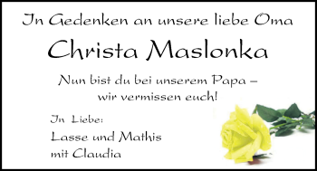 Traueranzeige von Christa Maslonka von Nordwest-Zeitung