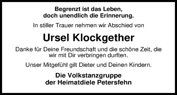 Traueranzeige von Ursula Klockgether von Nordwest-Zeitung