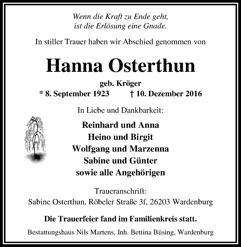  Traueranzeige für Hanna Osterthun vom 22.12.2016 aus Nordwest-Zeitung
