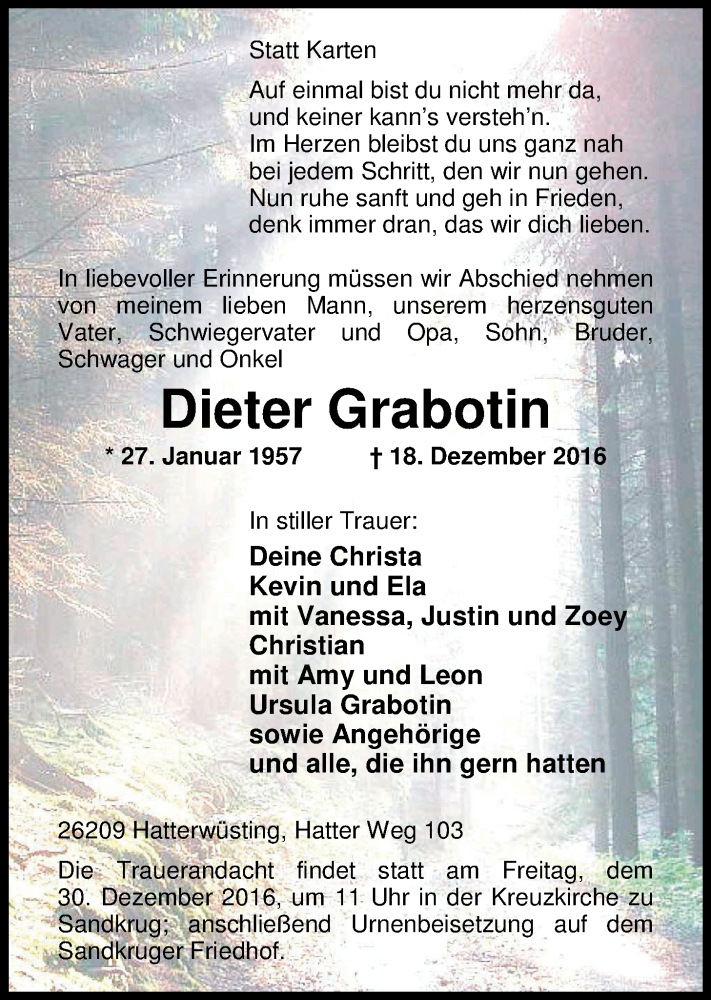  Traueranzeige für Dieter Grabotin vom 23.12.2016 aus Nordwest-Zeitung