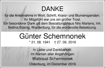 Traueranzeige von Günter Schemnonek von Nordwest-Zeitung