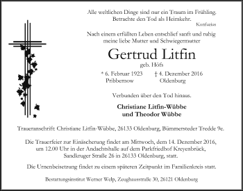 Traueranzeige von Gertrud Litfin von Nordwest-Zeitung