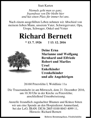 Traueranzeige von Richard Bernett von Nordwest-Zeitung