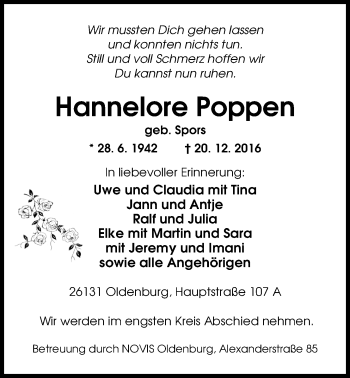 Traueranzeige von Hannelore Poppen von Nordwest-Zeitung