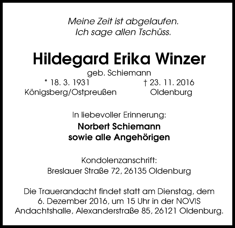  Traueranzeige für Hildegard Erika Winzer vom 03.12.2016 aus Nordwest-Zeitung