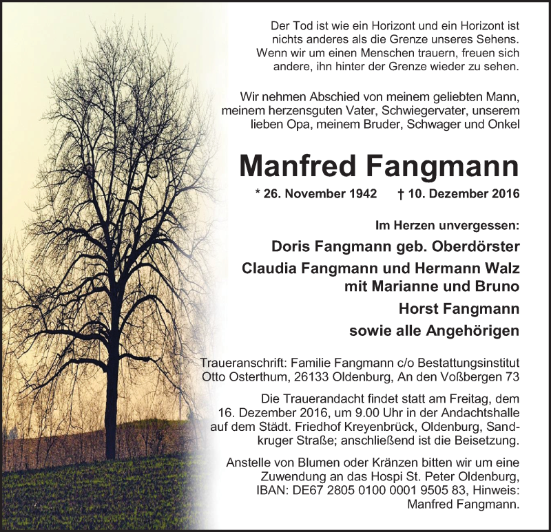  Traueranzeige für Manfred Fangmann vom 13.12.2016 aus Nordwest-Zeitung