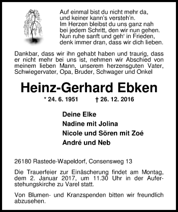 Traueranzeige von Heinz-Gerhard Ebken von Nordwest-Zeitung
