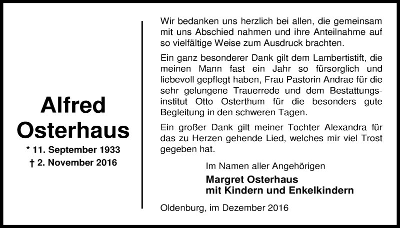  Traueranzeige für Alfred Osterhaus vom 10.12.2016 aus Nordwest-Zeitung