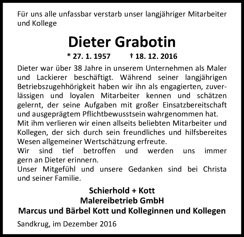  Traueranzeige für Dieter Grabotin vom 23.12.2016 aus Nordwest-Zeitung