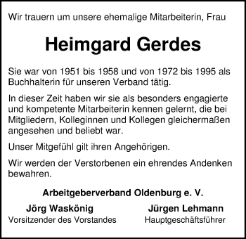 Traueranzeige von Heimgard Gerdes von Nordwest-Zeitung