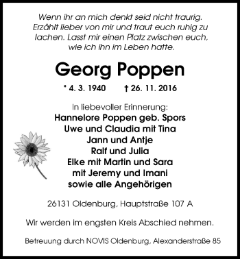 Traueranzeige von Georg Poppen von Nordwest-Zeitung