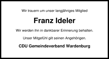 Traueranzeige von Franz Ideler von Nordwest-Zeitung